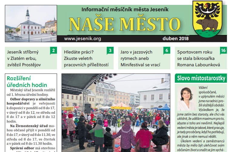 VYCHÁZÍ DUBNOVÉ ČÍSLO MĚSÍČNÍKU NAŠE MĚSTO