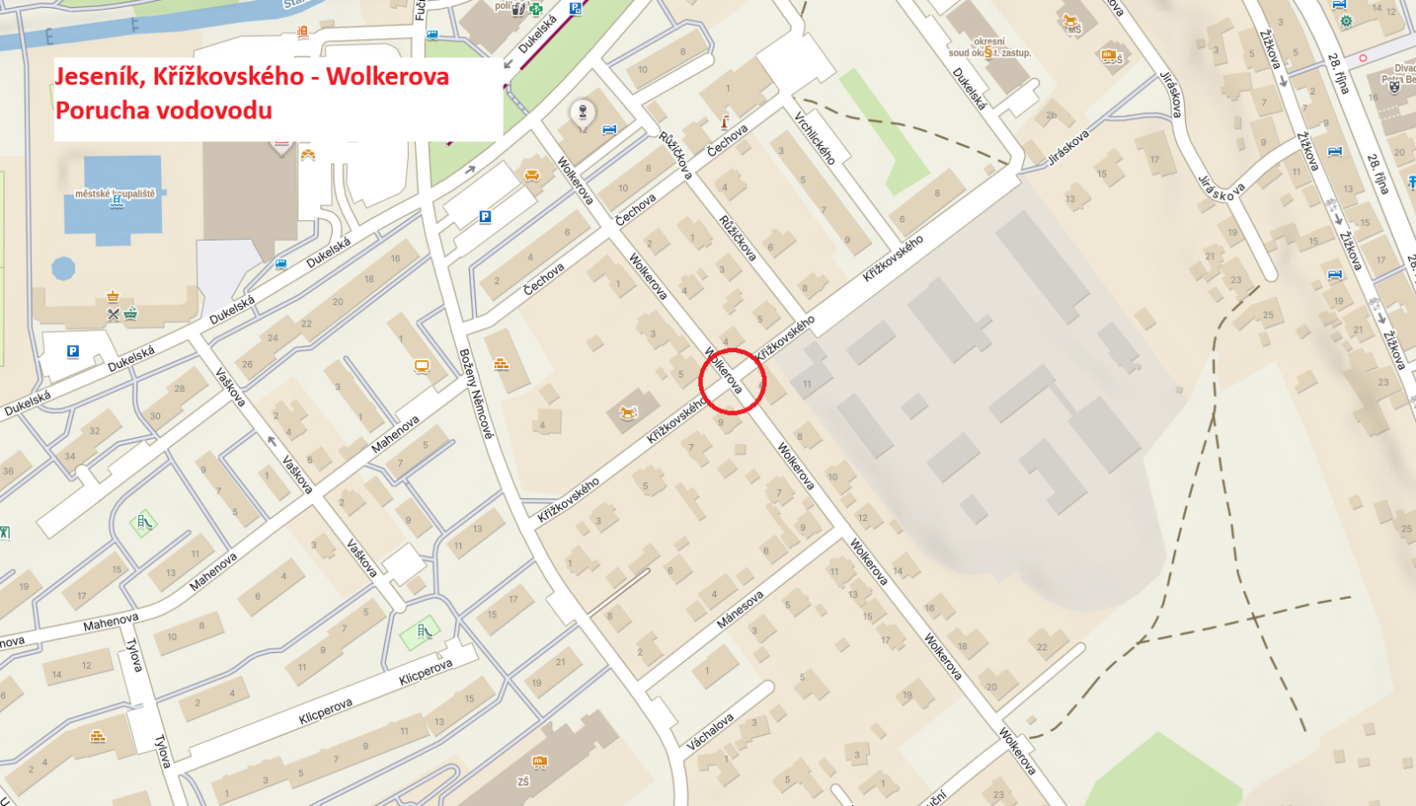OPRAVA VODOVODU V KŘIŽOVATCE ULIC KŘÍŽKOVSKÉHO A WOLKEROVA