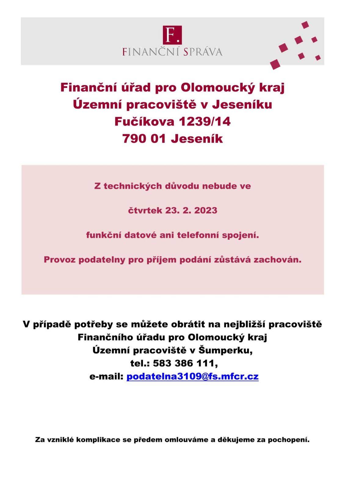 OZNÁMENÍ FINANČNÍHO ÚŘADU