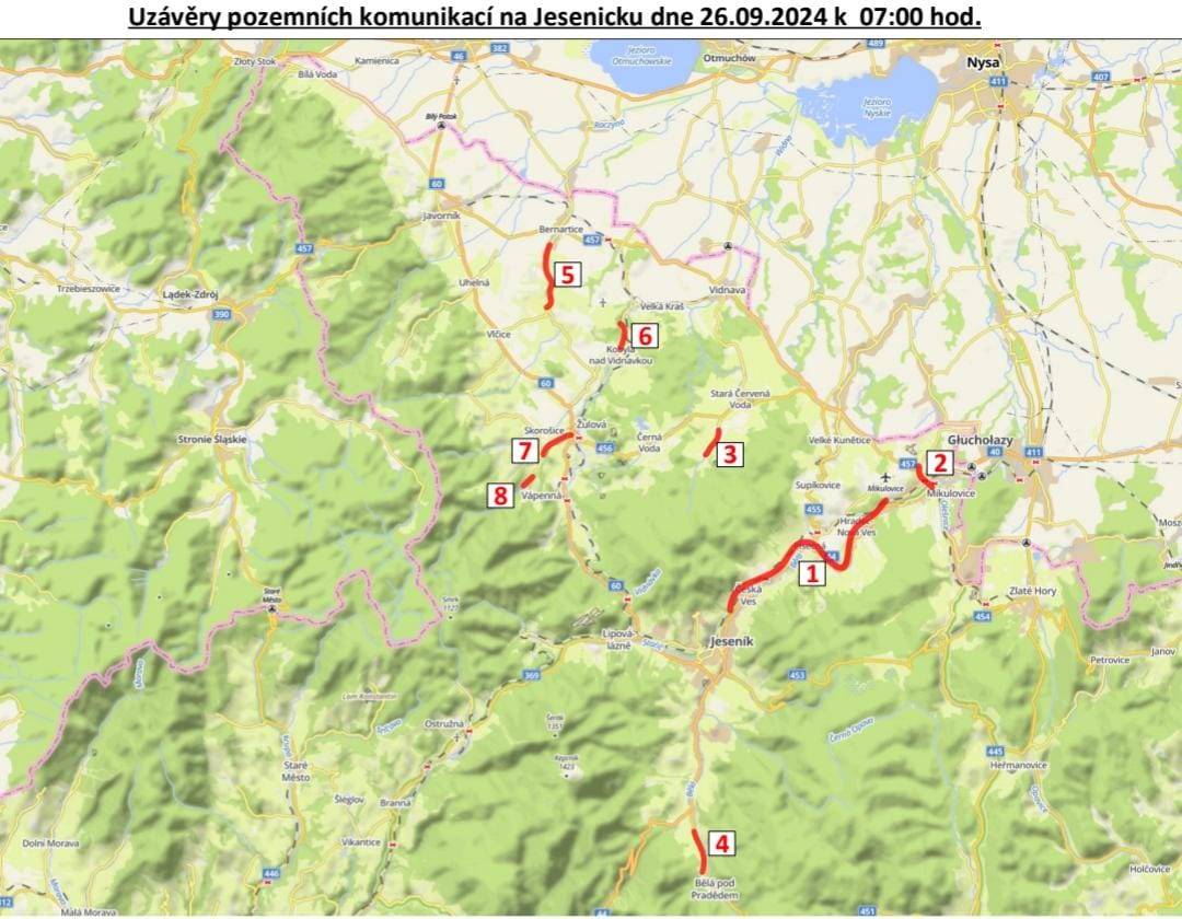 Uzávěry pozemních komunikací na Jesenicku (26. 9. 2024)