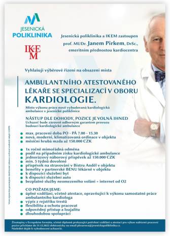 HLEDÁ SE KARDIOLOG DO NOVĚ PŘIPRAVOVANÉ KARDIOLOGICKÉ AMBULANCE V JESENÍKU
