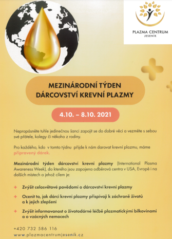MEZINÁRODNÍ TÝDEN DÁRCOVSTVÍ KREVNÍ PLAZMY